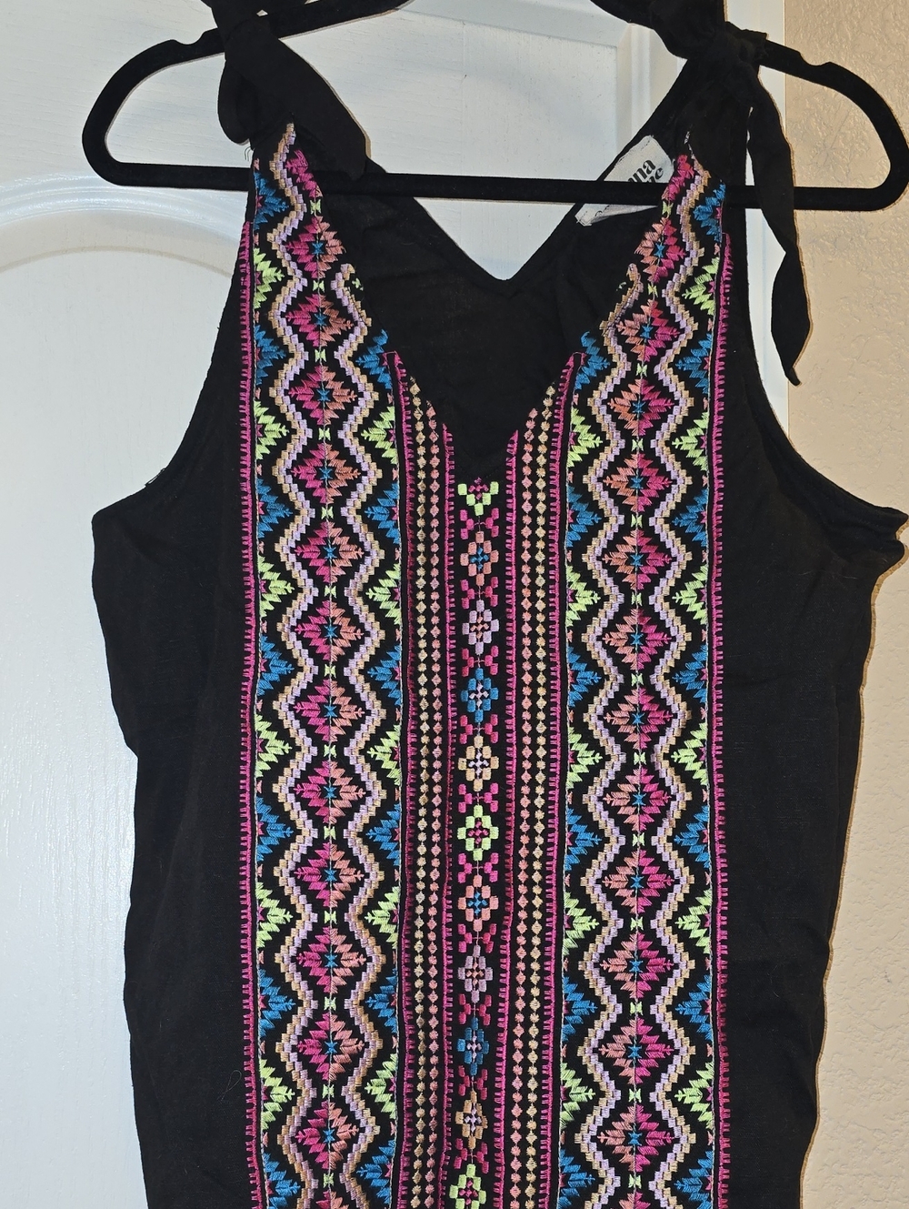 Savanna Jane Black Tank Top with Multicolor Embroidered Front